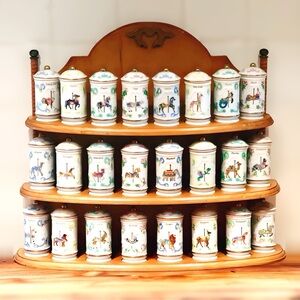 Lenox 1993 Carousel Porcelain Spice Jars & Wooden Rack - Complete Set of 24